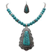 Western Turquoise Howlite Necklace and Earring Set, Antique Silver Tone, Tribal Pendant Design