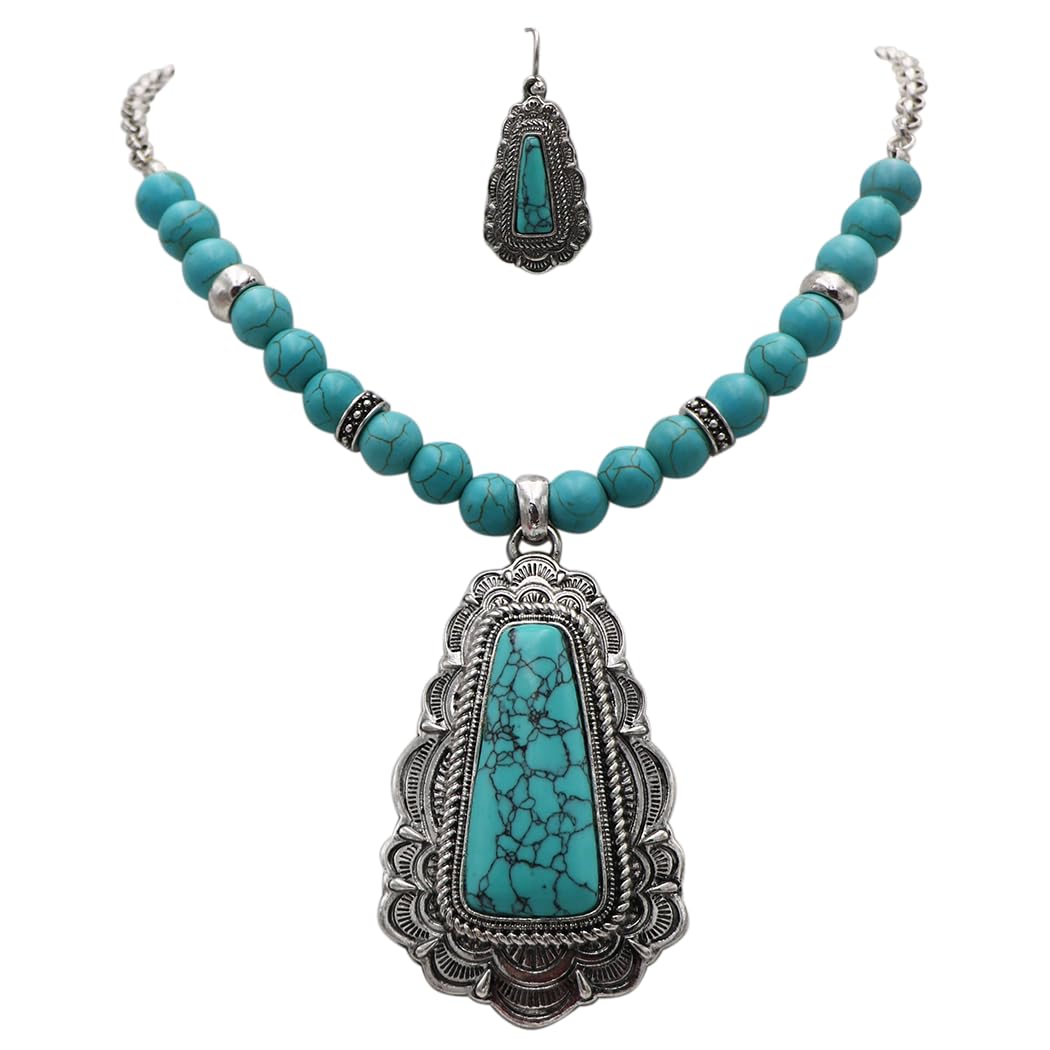 Western Turquoise Howlite Necklace and Earring Set, Antique Silver Tone, Tribal Pendant Design