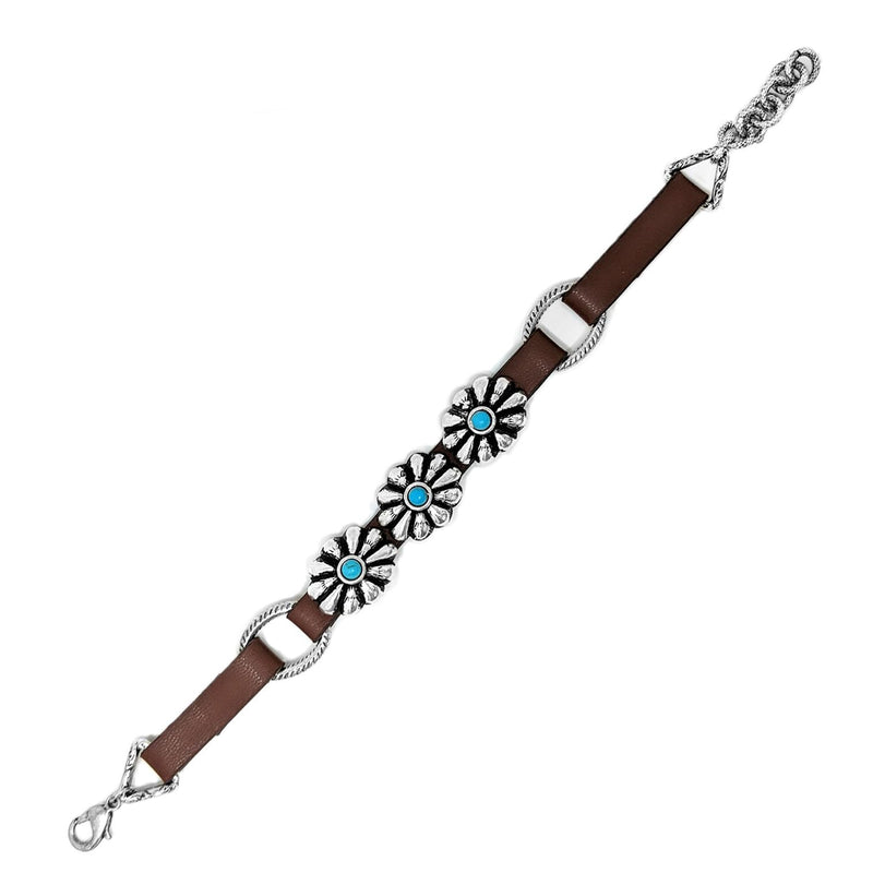 Women's Cowgirl Chic Western Style Conchos With Turqoise Howlite Stone On Brown Vegan Leather Band Bracelet, 7"+1" Extender