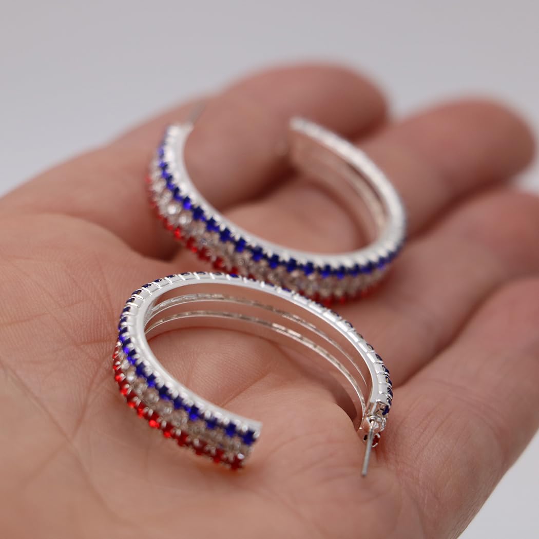 Red White And Blue 4th Of July Patriotic Voting Day Crystal Statement Hoop Rhinestone Earrings 35mm
