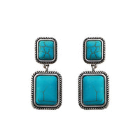 Western Style Rectangular Semi Precious Howlite Hypoallergenic Post Drop Earrings, 1.50" (Turquoise Burnished Silver)