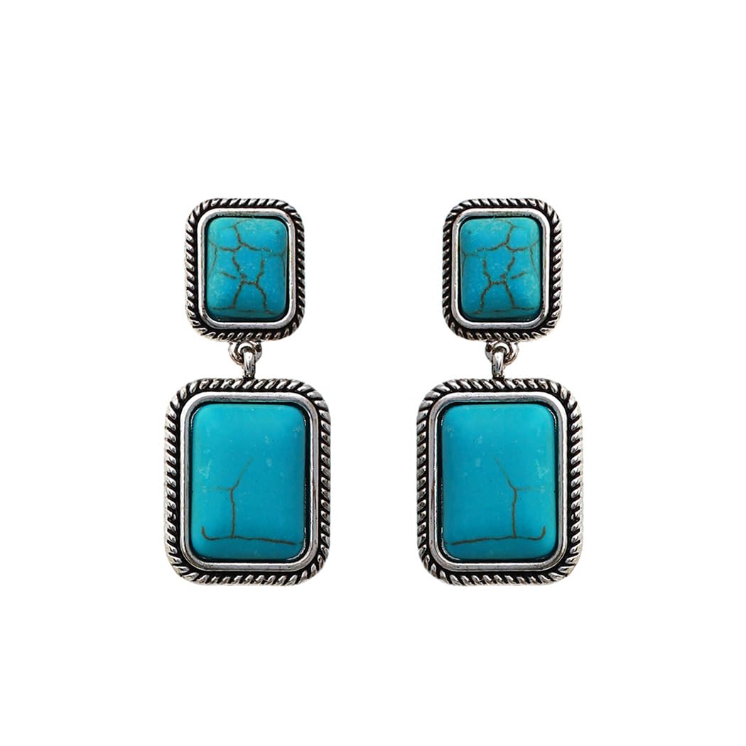 Western Style Rectangular Semi Precious Howlite Hypoallergenic Post Drop Earrings, 1.50" (Turquoise Burnished Silver)