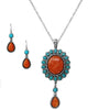 Women’s Cowgirl Chic Western Style Statement Simulated Banded Carnelian Turquoise Howlite Stone Concho Pendant Necklace Earrings Set, 18"+3" Extender
