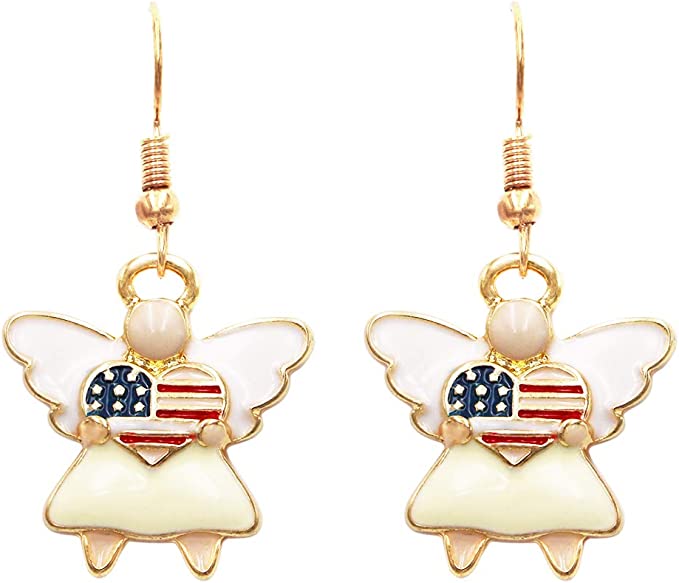 Rosemarie & Jubalee Women's Patriotic USA Flag Heart Enamel Angel Earrings, 1.25