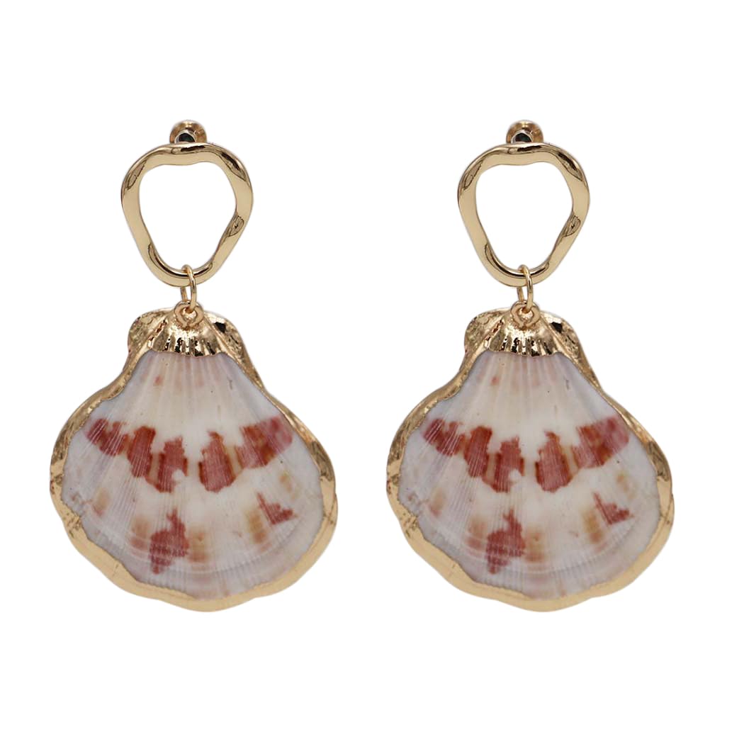 Natural Seashell Dangle Earrings, Gold Frame, Pink, Coral and White Shell Pattern, Beach Theme Statement Jewelry, 2.5 Inch Length