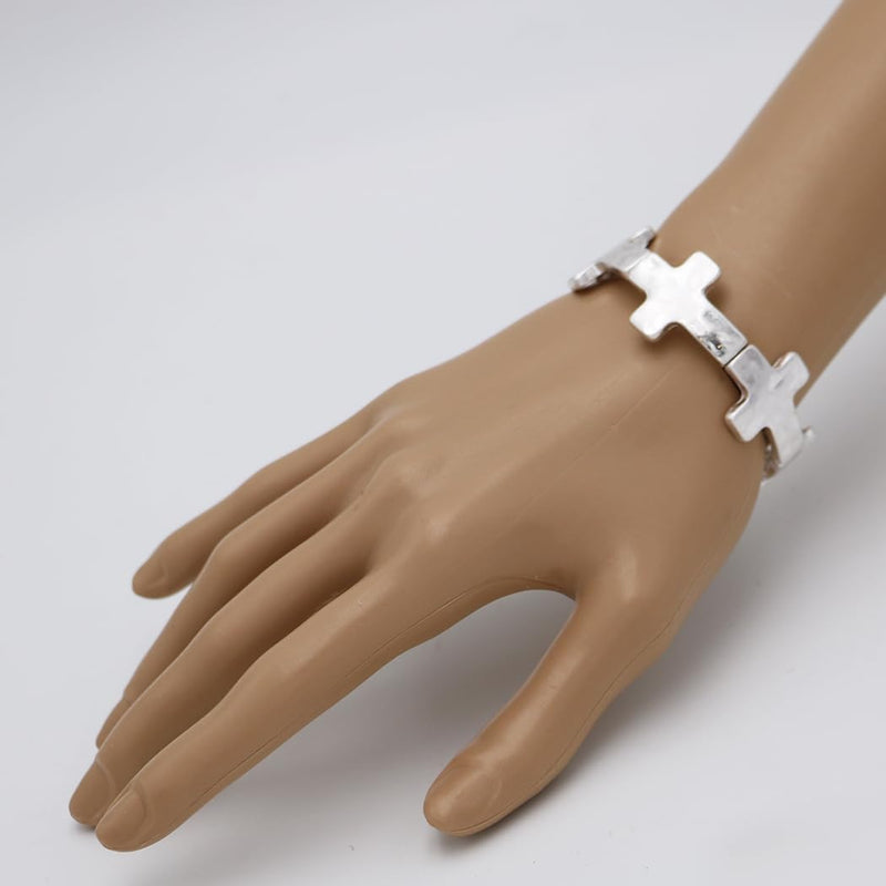 Rosemarie's Religious Gifts Women's Statement Matte Gold And Silver Tones Hammered Cross Charms Stretch Bangle Bracelet, 6.5" (Hammered Cross Silver Tone 20mm)