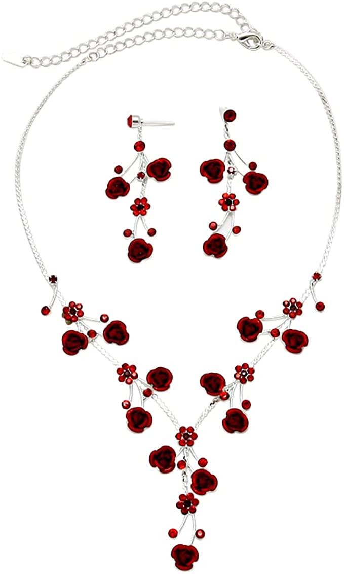 Elegant Crystal Rhinestone And Metal Relief Rose Statement Necklace Earrings Set 14.5"+4" Extender (Red)