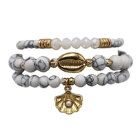 White Marble Howlite Beaded Bracelet Set, Gold Tone Sea Shells, Stretch Style, Size 6-7 (For Small Wrists)
