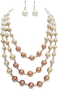 Stunning Multi Strand Ombre Simulated Pearl And Crystal Necklace Earrings Jewelry Set, 18"+3" Extender (Brown Cream Pearl Gold Tone)