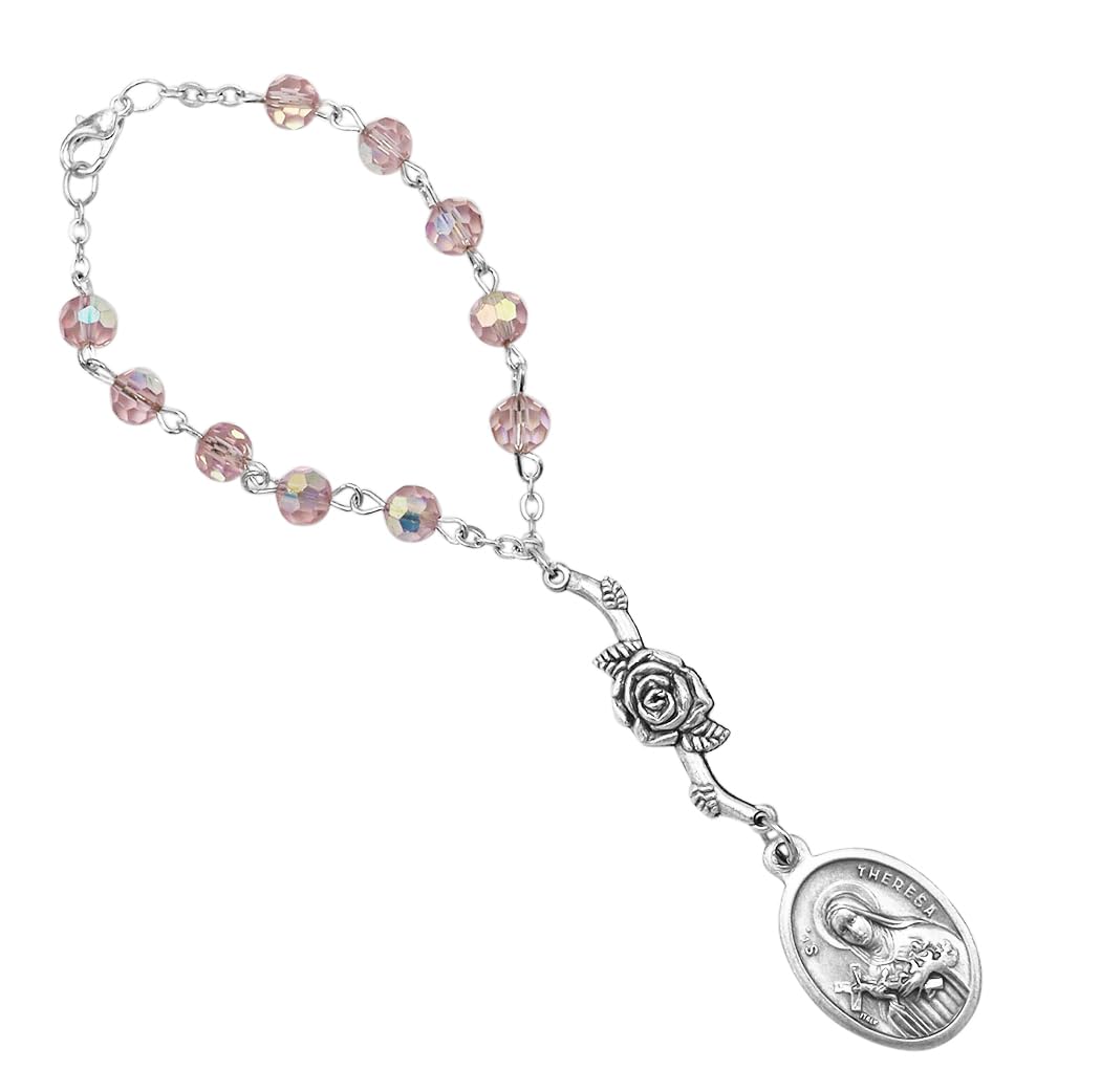 Rosemarie's Religious Gifts Uplifting Blessings One Decade Pink Crystal Bead Rosary and Prayer Card, St Therese for Heavenly Prayers
