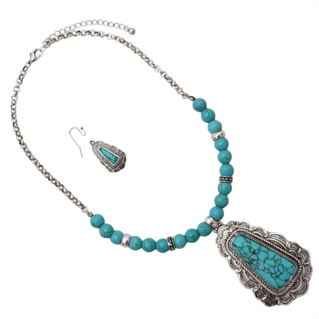 Western Turquoise Howlite Necklace and Earring Set, Antique Silver Tone, Tribal Pendant Design