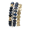 Beaded Stretch Bracelet Set, 4 Piece Stacking Collection, 6 Inch for Small Wrists (Two Tone Silver Gold Navy Blue)