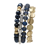 Beaded Stretch Bracelet Set, 4 Piece Stacking Collection, 6 Inch for Small Wrists (Two Tone Silver Gold Navy Blue)