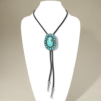 Vintage Western Bolo Tie, Turquoise Howlite Stone Pendant with Silver Tone Accents, Black Braided Faux Leather, 22 Inch