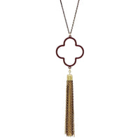 Stunning Quatrefoil Clover With Chain Tassel Pendant Extra Long Necklace (Burgundy Red, 34"+3" Extender)
