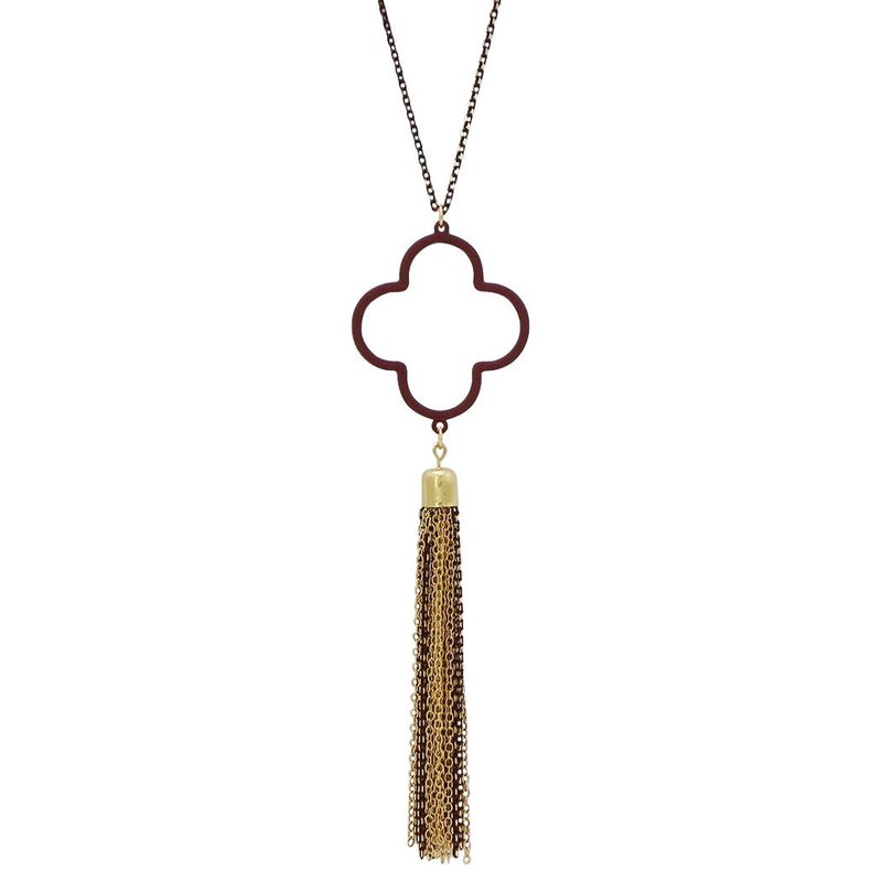 Stunning Quatrefoil Clover With Chain Tassel Pendant Extra Long Necklace (Burgundy Red, 34"+3" Extender)