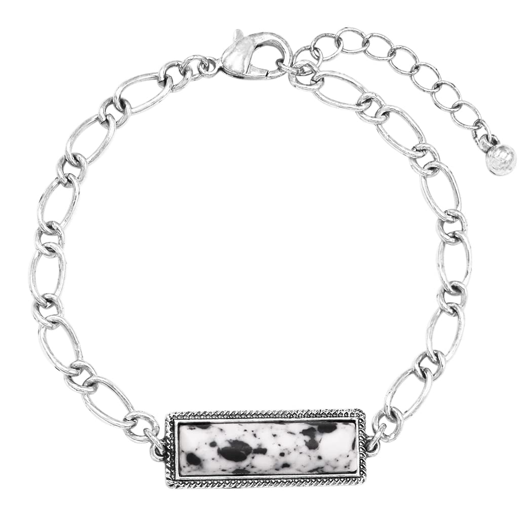 Simple Western Semi Precious Howlite Stone Bar On Link Chain Bracelet, 8"+1.5" Extender (Dalmation Spot White Black)
