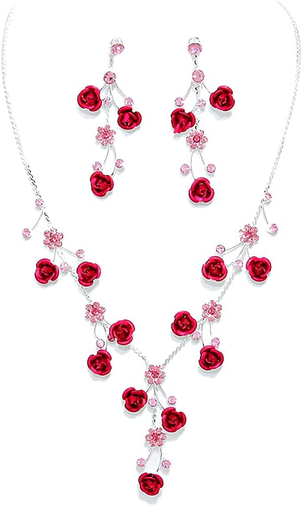Elegant Crystal Rhinestone And Metal Relief Rose Statement Necklace Earrings Set 14.5"+4" Extender (Fuchsia Pink)
