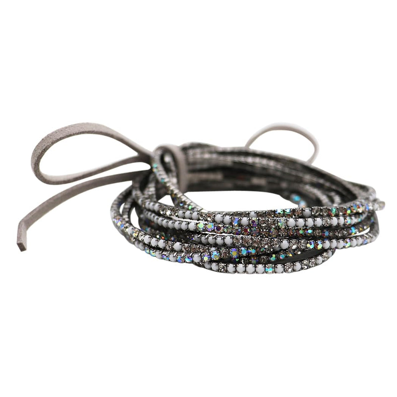 Crystal Rhinestone Stretch Bracelets, Stacking Style, Set of 12, 6.75 Inch (Hematite Matte White w AB)