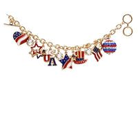 Sleek Polished Gold Tone Red White And Blue USA Flag Patriotic July 4th Charm Bracelet, Adjustable Toggle Clasp Bracelet, 7.5" - 8.5"