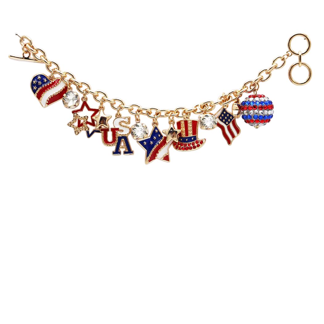Sleek Polished Gold Tone Red White And Blue USA Flag Patriotic July 4th Charm Bracelet, Adjustable Toggle Clasp Bracelet, 7.5" - 8.5"