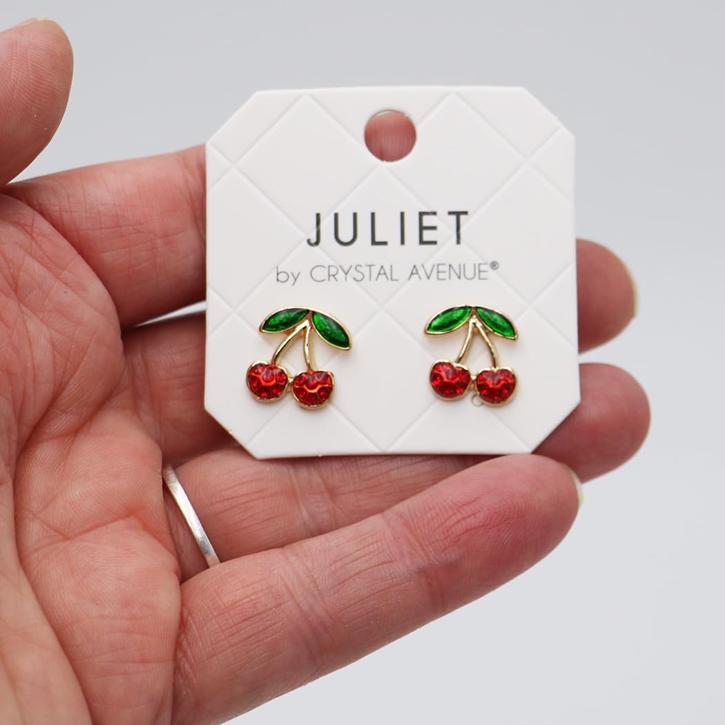 Cherry Stud Earrings, Gold Tone, Red and Green Enamel, 0.5 Inch