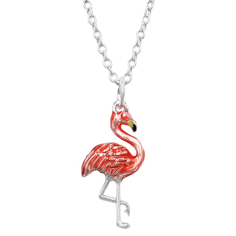 Women's Whimsical Pink Flamingo Enamel On Silver Tone 3D Pendant Necklace, 18"+3" Extender
