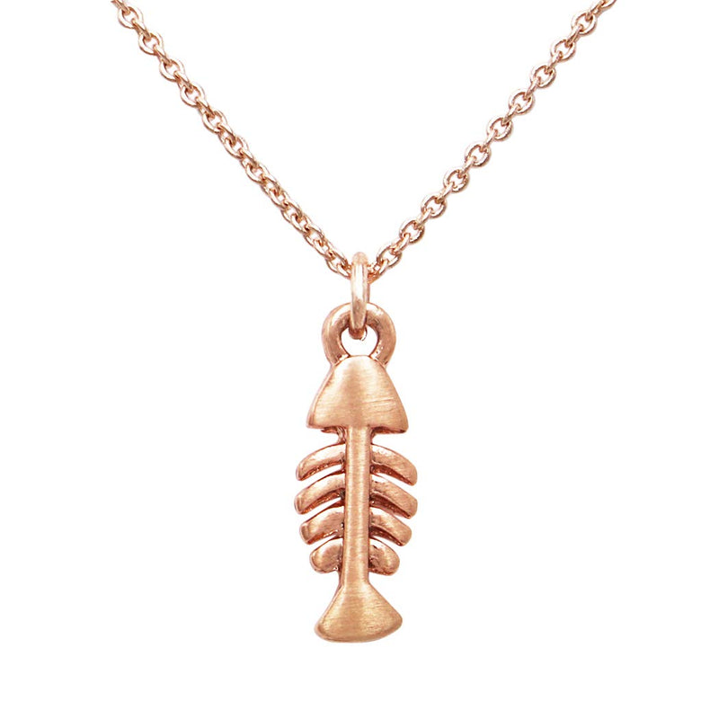 Women's Whimsical Matte Copper Tone Fish Bone Skeleton Pendant Necklace, 16"-18" with 2" Extender