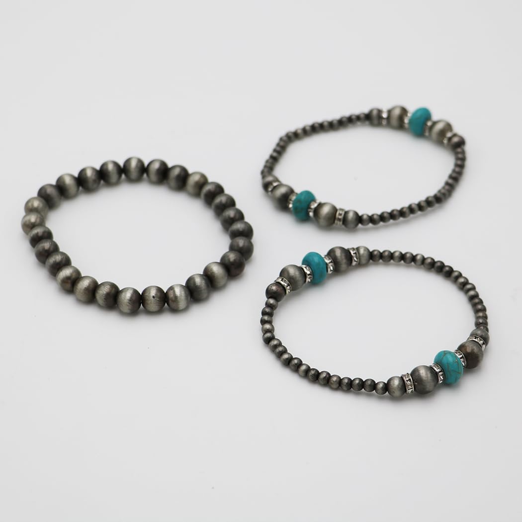 Set of 3 Western Metallic Bead And Howlite Stone With Crystal Detail Stretch Bracelets 6.75" (Silver Burnished Turquoise)