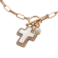 Natural Abalone Shell Cross Pendant with Crystal Edge Detail, Freshwater Pearl Charm, Gold Tone Paperclip Chain Necklace, Toggle Clasp, 18 Inch
