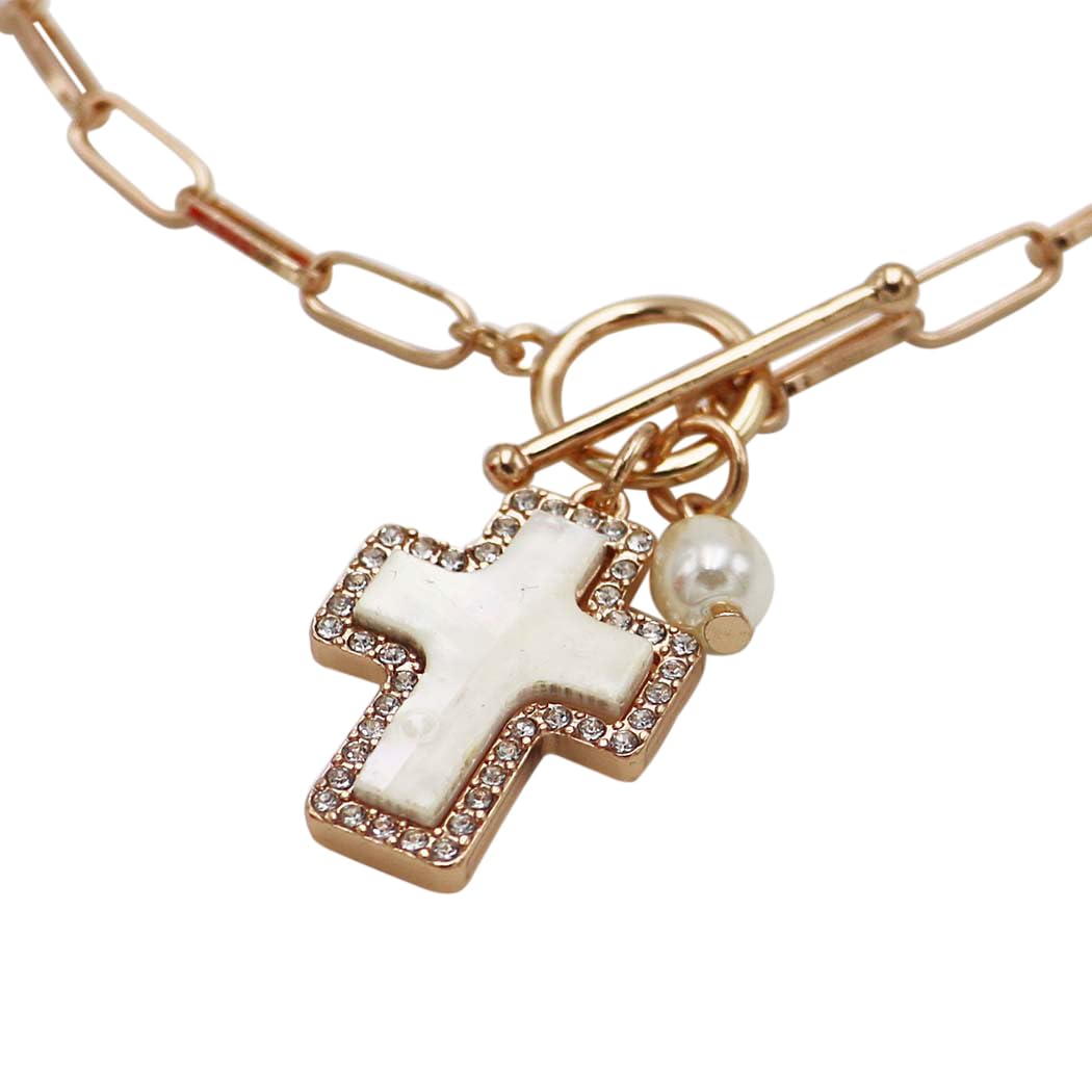 Natural Abalone Shell Cross Pendant with Crystal Edge Detail, Freshwater Pearl Charm, Gold Tone Paperclip Chain Necklace, Toggle Clasp, 18 Inch
