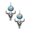 Western Dangle Earrings, Turquoise Howlite, Silver Long Horn with Iridescent Crystal, 1.50 Inch