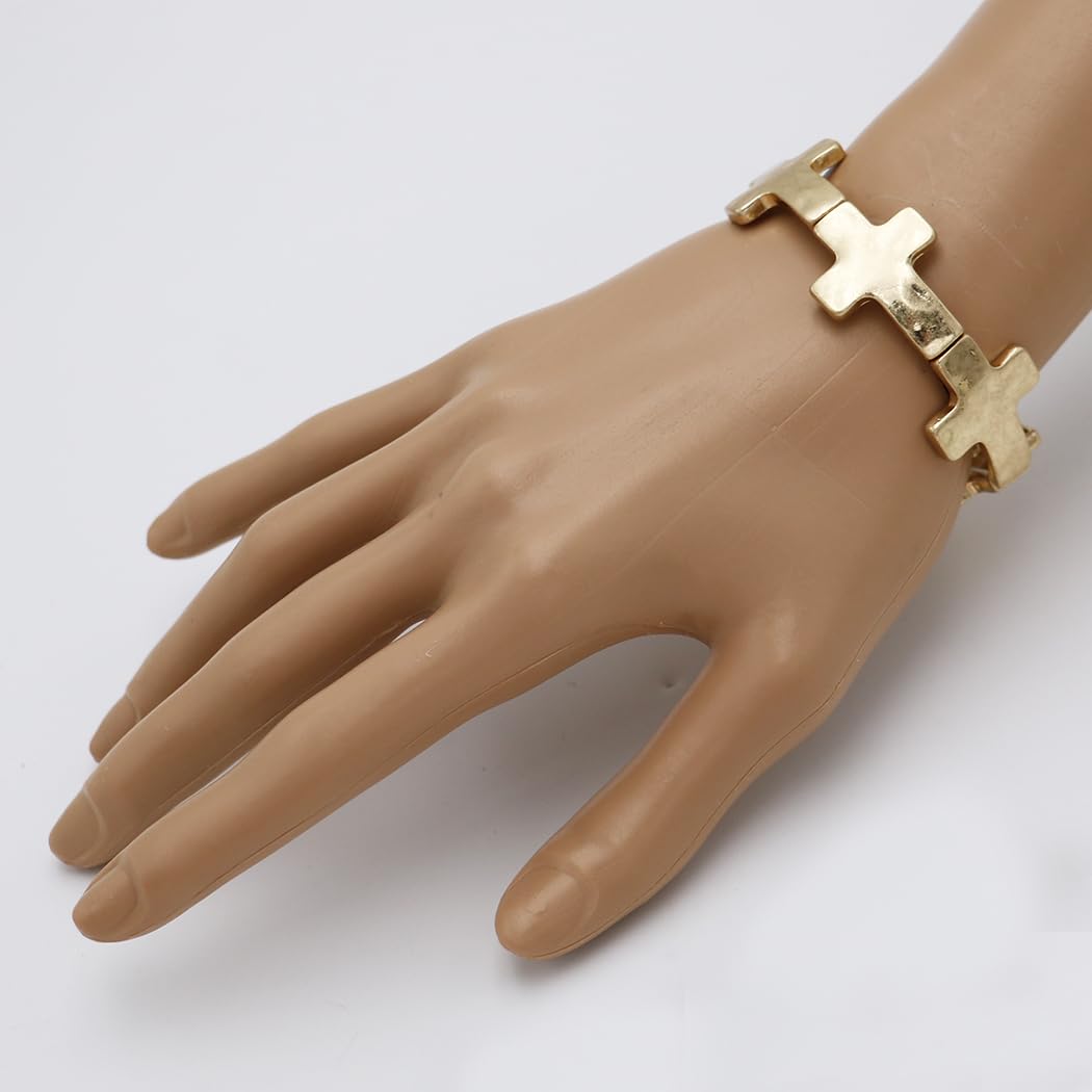 Rosemarie's Religious Gifts Women's Statement Matte Gold And Silver Tones Hammered Cross Charms Stretch Bangle Bracelet, 6.5" (Hammered Cross Gold Tone 20mm)