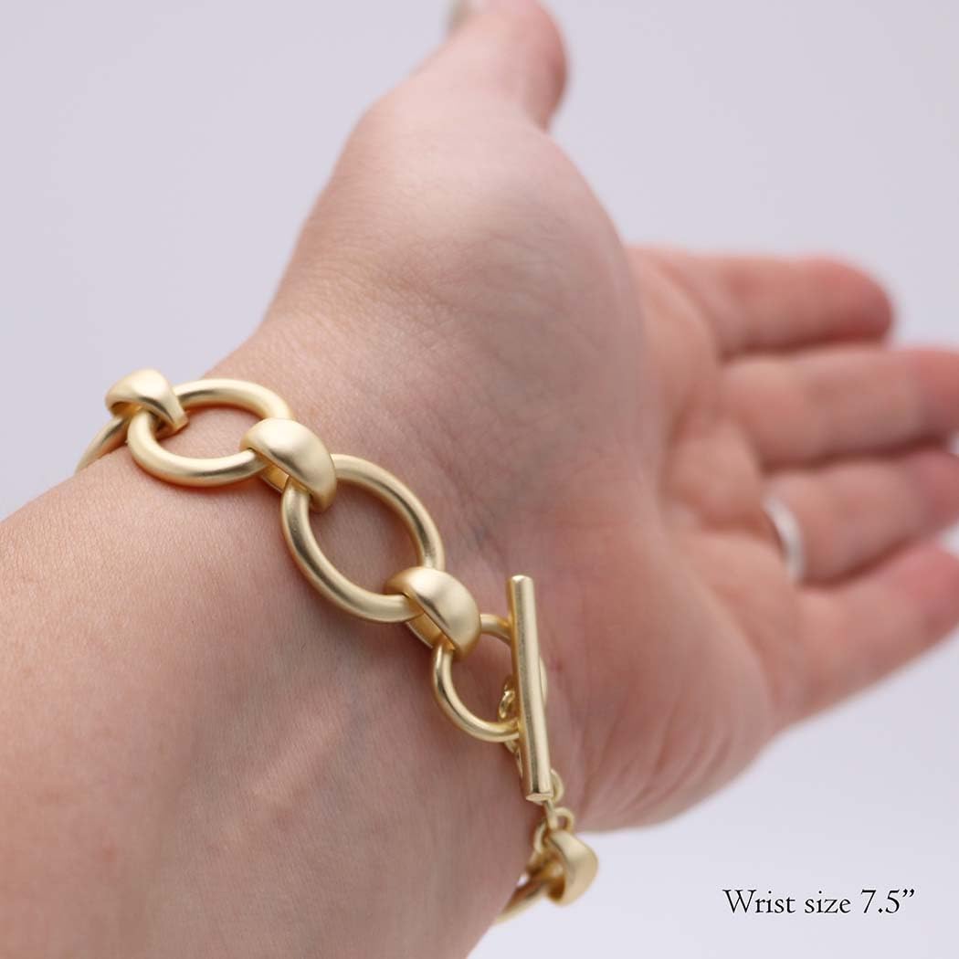 Chunky Link Chain Bracelet, Matte Gold,Toggle Clasp, Fashion Statement Jewelry, 7.5 Inch