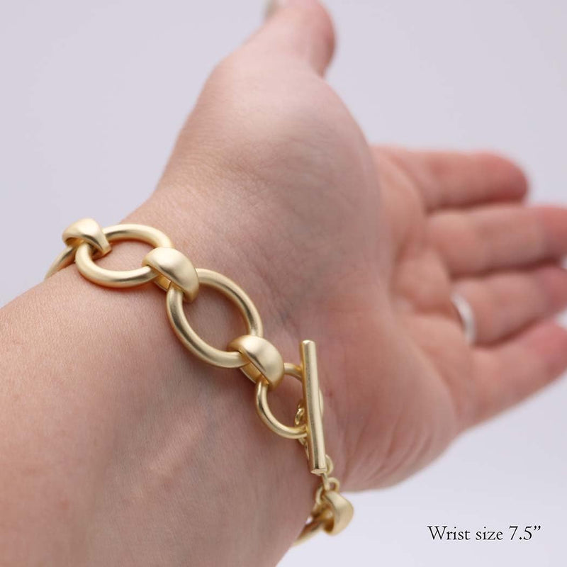 Chunky Link Chain Bracelet, Matte Gold,Toggle Clasp, Fashion Statement Jewelry, 7.5 Inch