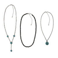 Western Layering Necklace Set, Burnished Silver with Turquoise Howlite, 3-Piece Y-Drop, Pendant Necklace and Navajo Pearl, Adjustable 16-24 Inch