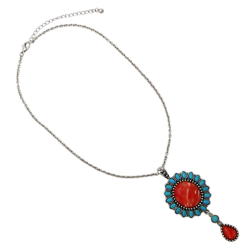 Women’s Cowgirl Chic Western Style Statement Simulated Banded Carnelian Turquoise Howlite Stone Concho Pendant Necklace Earrings Set, 18"+3" Extender