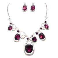 Statement Silver Tone Spiral Loop Crystal Bib Necklace and Earrings Set, 16"+3" Extender (Purple)
