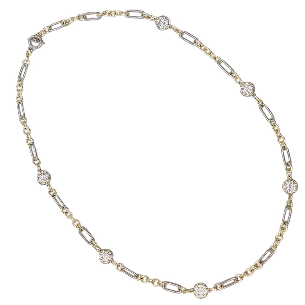 Two-Tone Chain Necklace, Silver and Gold, Crystal Pave Accents, Metal Alloy, Classic Style, 36 Inch
