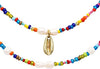 Women's Stunning Gold Tone Cowrie Shell On Multi-Strand Rainbow Seed Love Beads Bohemian Necklace, 17"+3" Extender