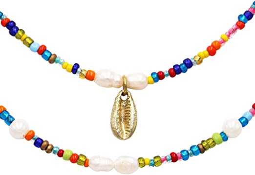 Women's Stunning Gold Tone Cowrie Shell On Multi-Strand Rainbow Seed Love Beads Bohemian Necklace, 17"+3" Extender