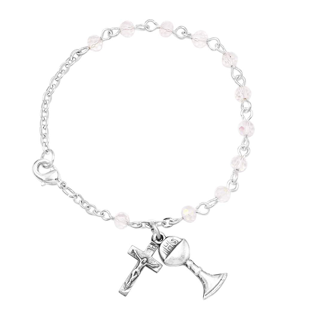 Rosemarie's Religious Gifts Women's Iridescent Bead Rosary Bracelet with Holy Communion Chalice and Cross Charms, 6.25"