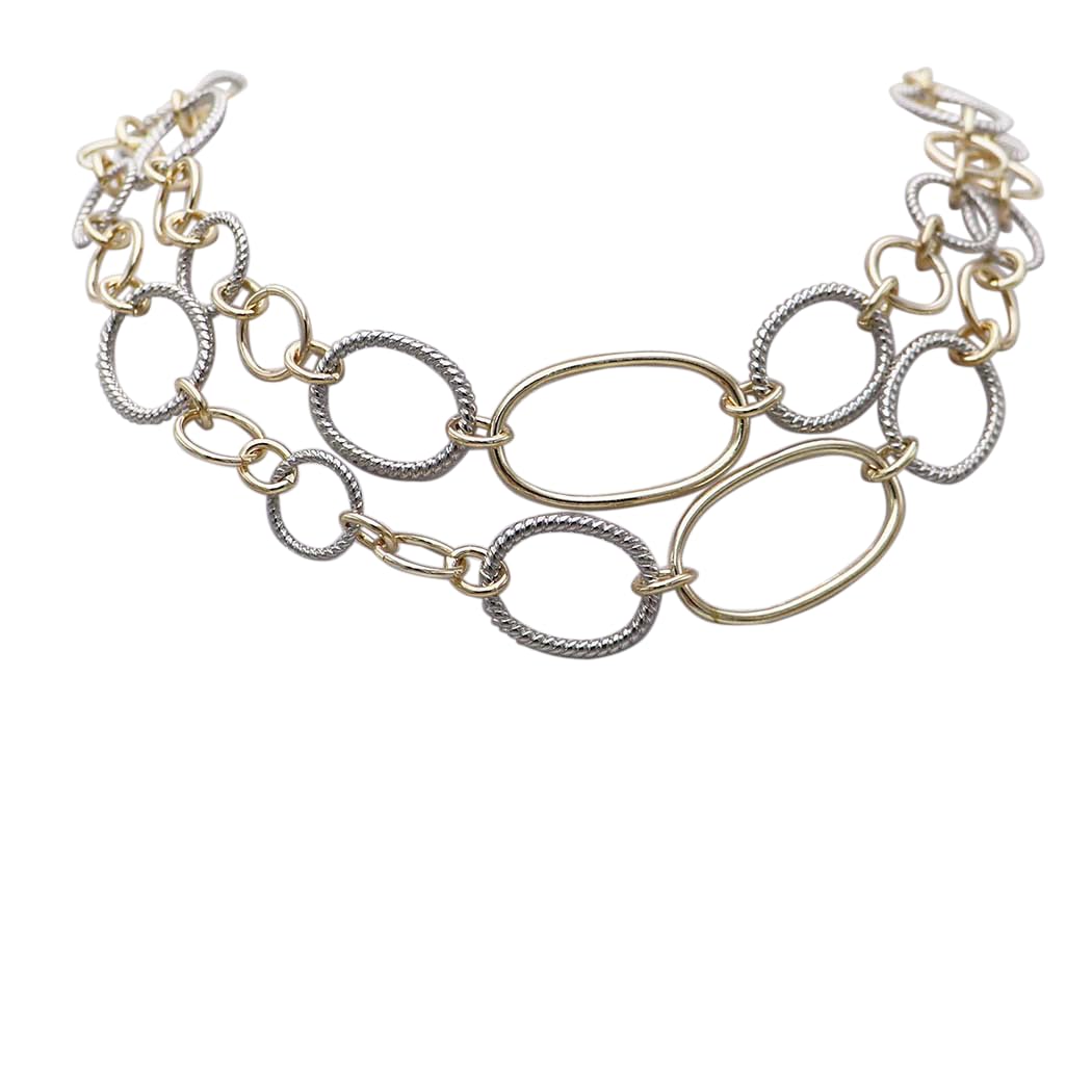 Two Tone Chain Necklace, Silver and Gold, Metal Alloy, 36 Inch Long, Textured Cable Link with Toggle Clasp