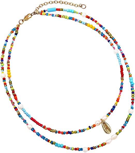 Women's Stunning Gold Tone Cowrie Shell On Multi-Strand Rainbow Seed Love Beads Bohemian Necklace, 17"+3" Extender