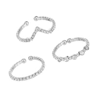 Open Back Silver Tone Memory Wire Crystal Rhinestone Adjustable Stackable Ring Set (3 Piece V)