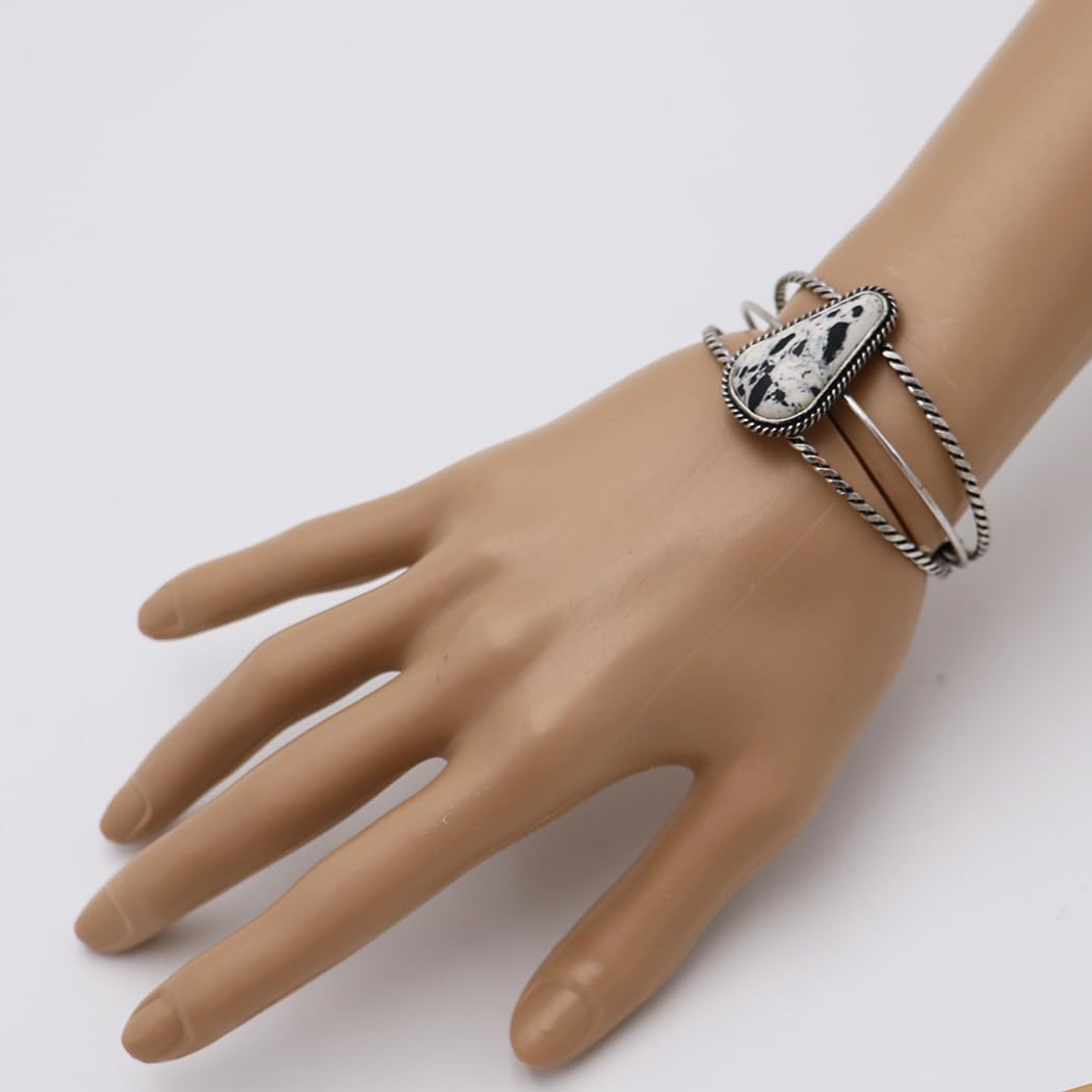 Western Style Natural Semi Precious Howlite Stone Open Cuff Bracelet, 2.5"