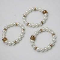 Glass Pearl Stretch Bracelets, Cream with Gold Accents, 10mm, Set of 3, 6 Inch Small Wrist Size