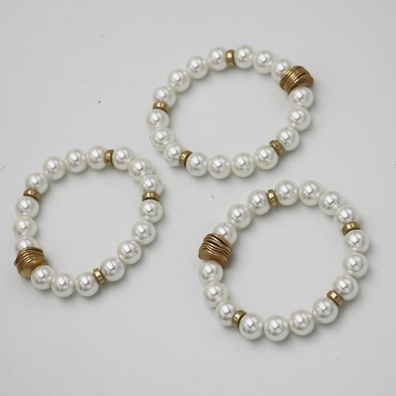 Glass Pearl Stretch Bracelets, Cream with Gold Accents, 10mm, Set of 3, 6 Inch Small Wrist Size
