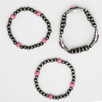 Western Navajo Beaded Stretch Bracelets Silver and Pink Howlite Stone Set of 3