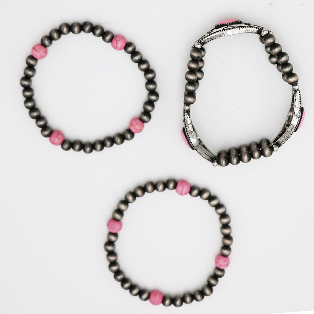 Western Navajo Beaded Stretch Bracelets Silver and Pink Howlite Stone Set of 3